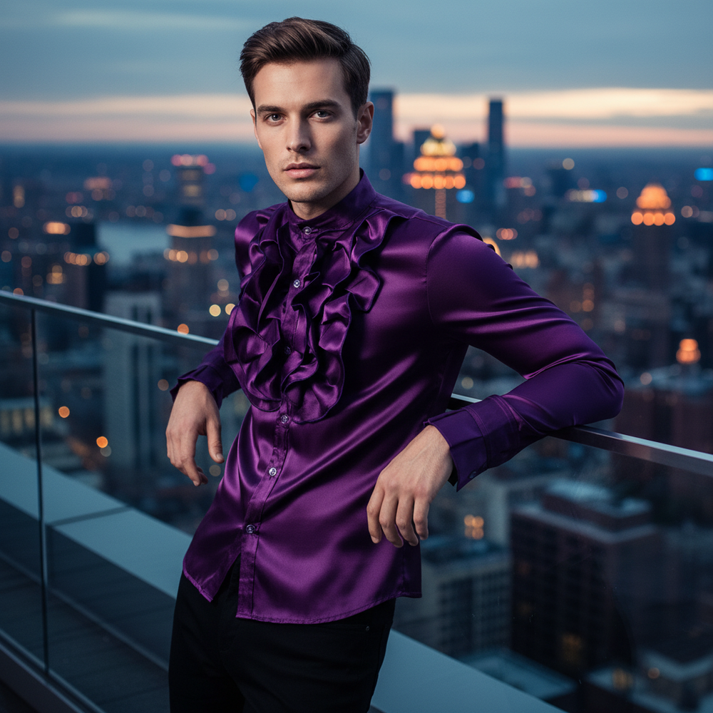 Model wearing a glossy purple satin shirt with dramatic ruffles on a rooftop at dusk
