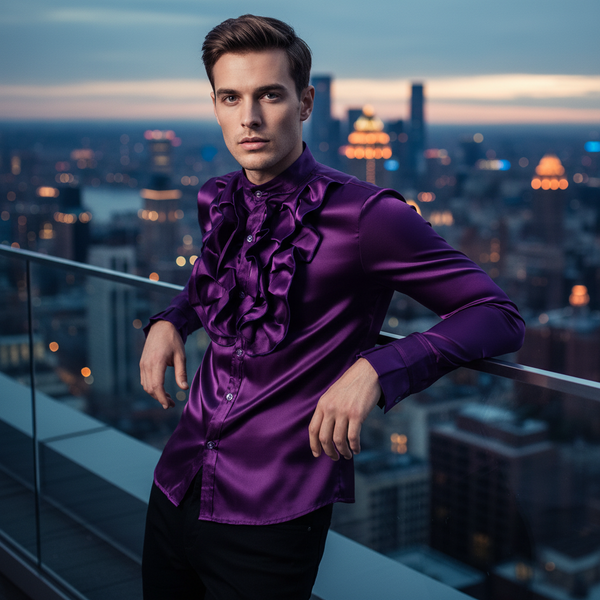 Model wearing a glossy purple satin shirt with dramatic ruffles on a rooftop at dusk