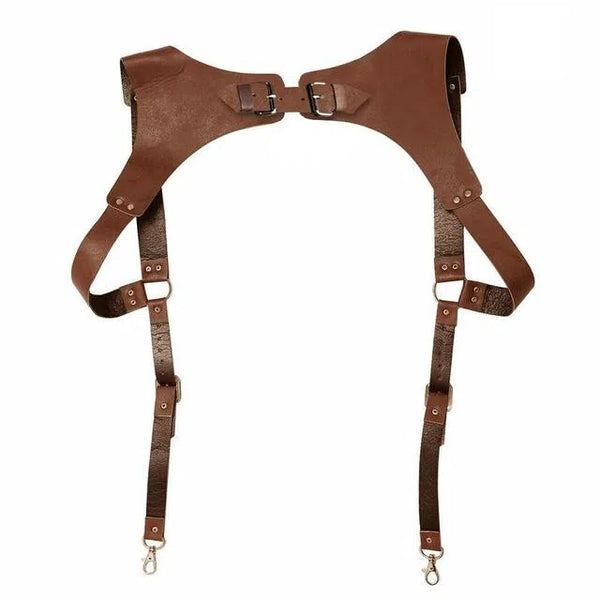 Brown leather shoulder harness with buckles, adjustable straps, and metal clips