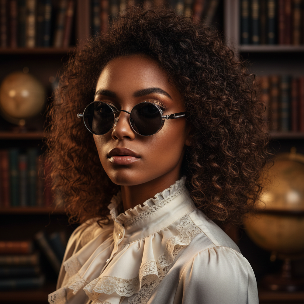 Vintage Round Steampunk Sunglasses before shelves of old books and globes