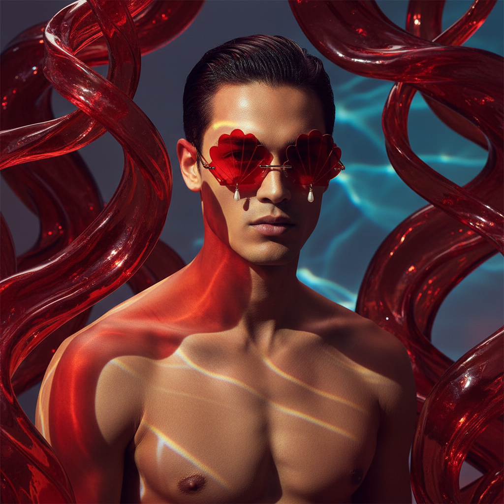 Vintage Shell Rimless Sunglasses on a shirtless person with slicked-back hair, pearl tears, red shapes