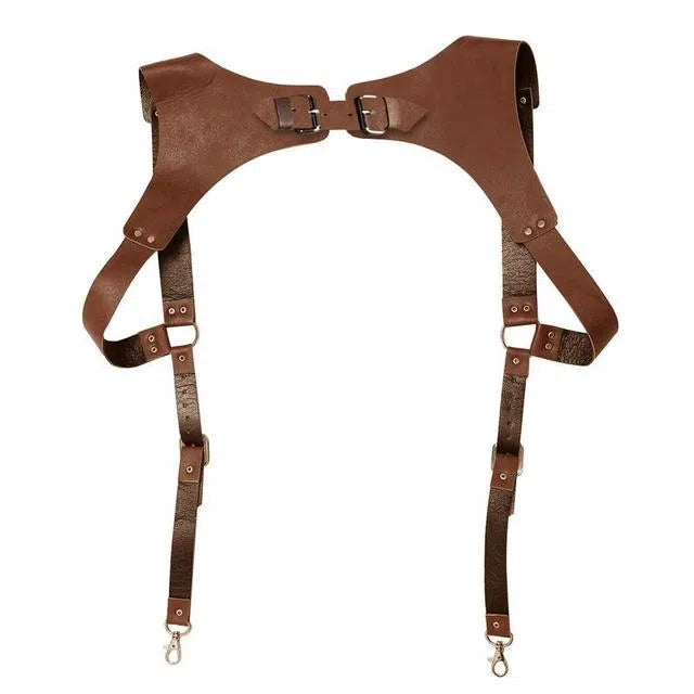 Brown leather shoulder harness with buckles, adjustable straps, and metal clips