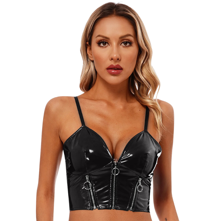 Front-view model wearing a shiny black patent corset top with ring-pull zippers