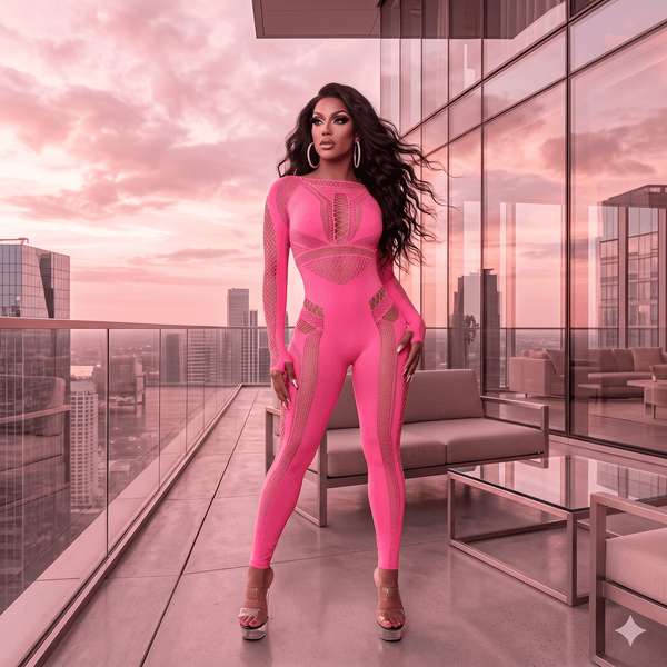 Model wearing a bright pink long-sleeve mesh-panel jumpsuit on a glass balcony