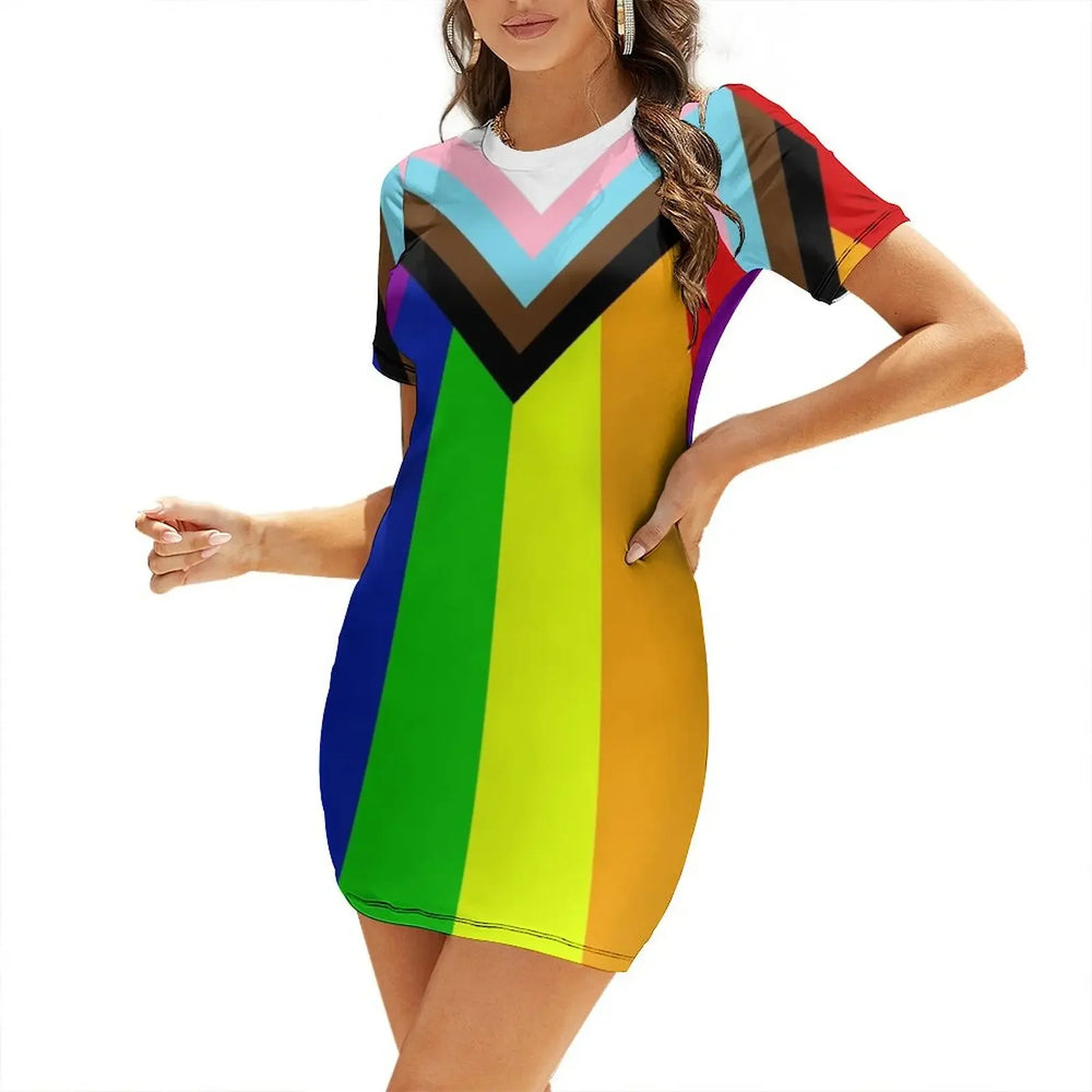 Model wearing a short-sleeve rainbow-striped Pride dress with chevron neckline