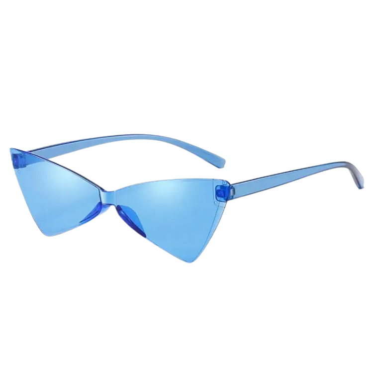 Blue cat-eye sunglasses shown at an angled front view on a white background