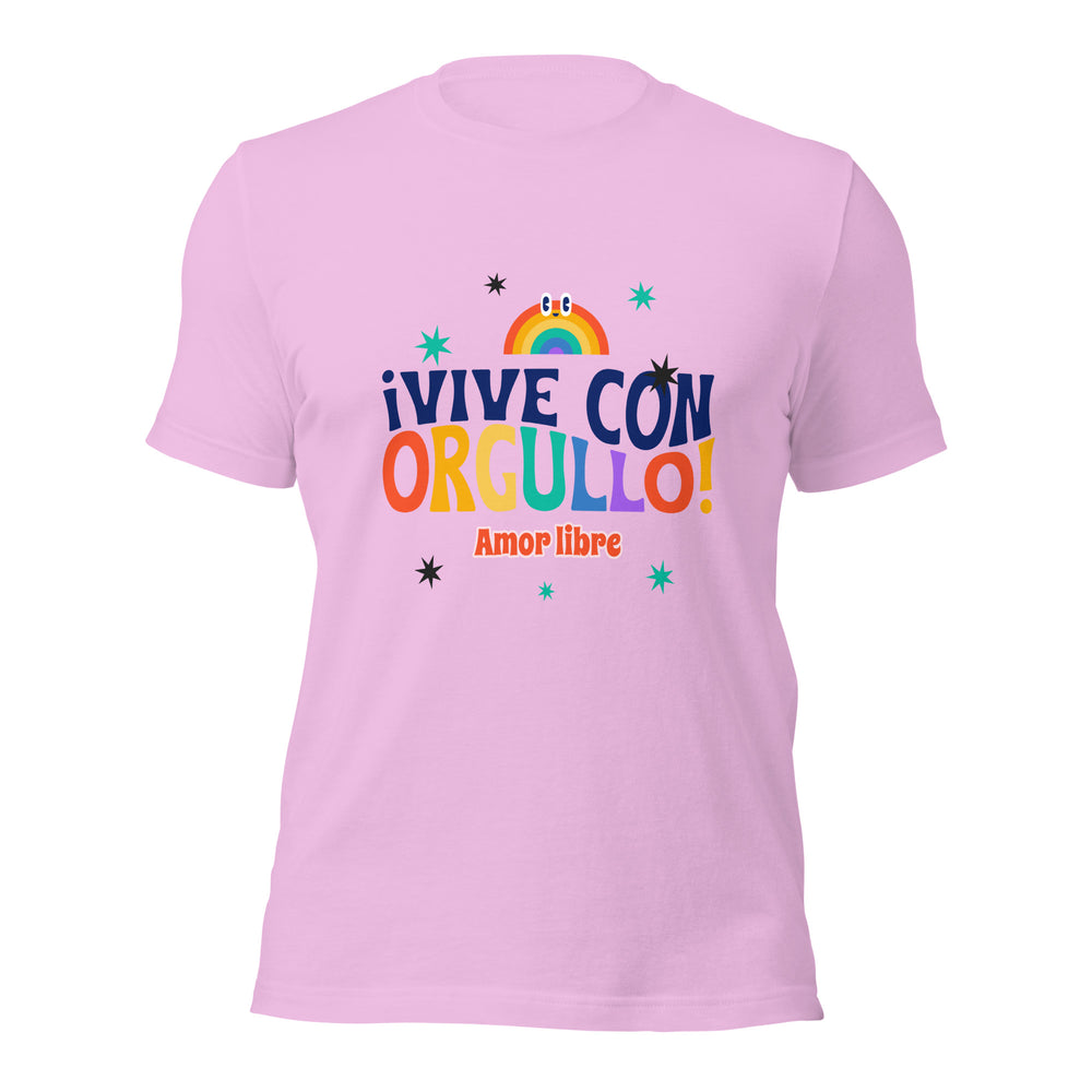 Light pink ¡Vive Con Orgullo! Amor Libre T-shirt with bold, colorful Spanish text and rainbow graphics with eyes and stars