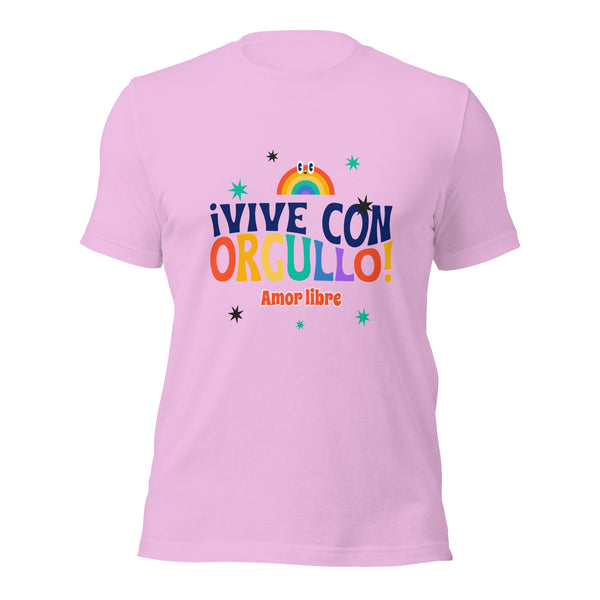 Light pink ¡Vive Con Orgullo! Amor Libre T-shirt with bold, colorful Spanish text and rainbow graphics with eyes and stars