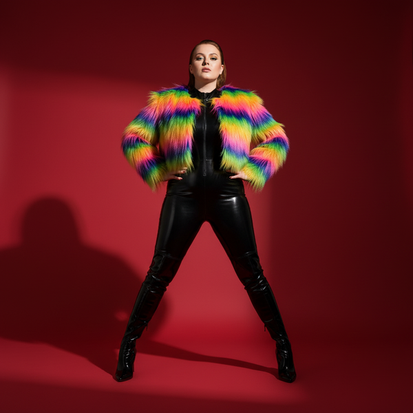 Person poses confidently in vibrant Vividly Fierce Rainbow Queer Glam Coat over sleek black catsuit, exuding bold pride and style, embodying queer empowerment and self-expression.