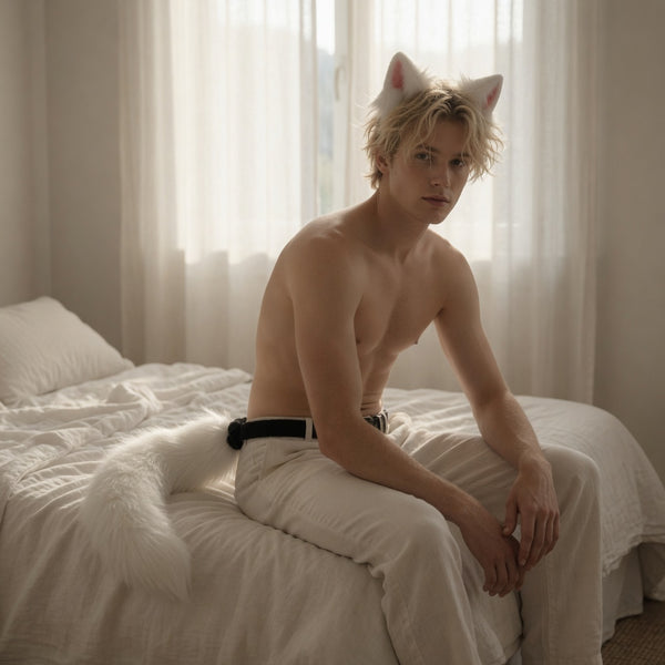 Seated shirtless model wearing a plush white fox-ear headband and matching tail