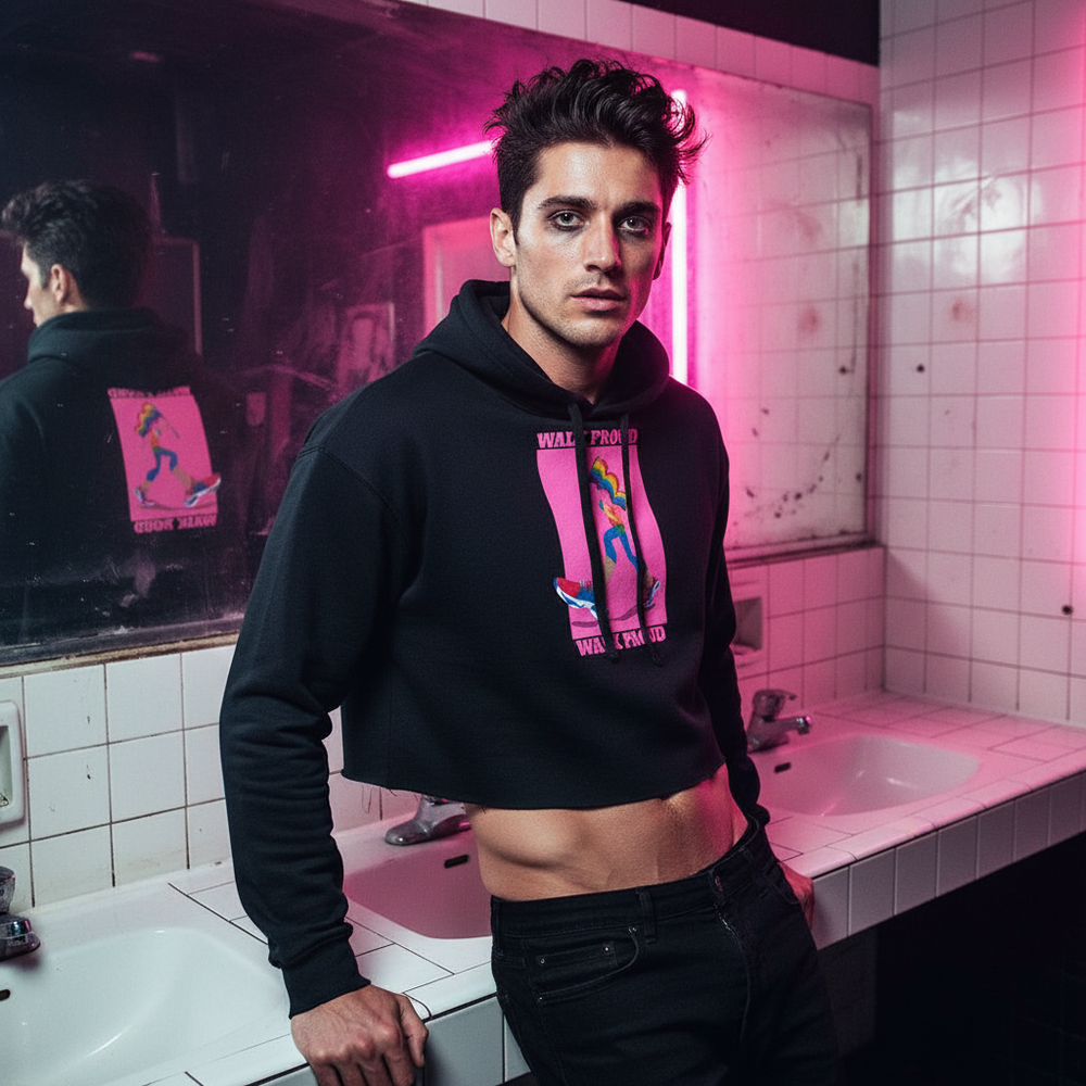 Crop hoodie with "Walk Proud Walk Loud" bold graphic, worn by a young queer man in a moody, neon-lit tiled bathroom.