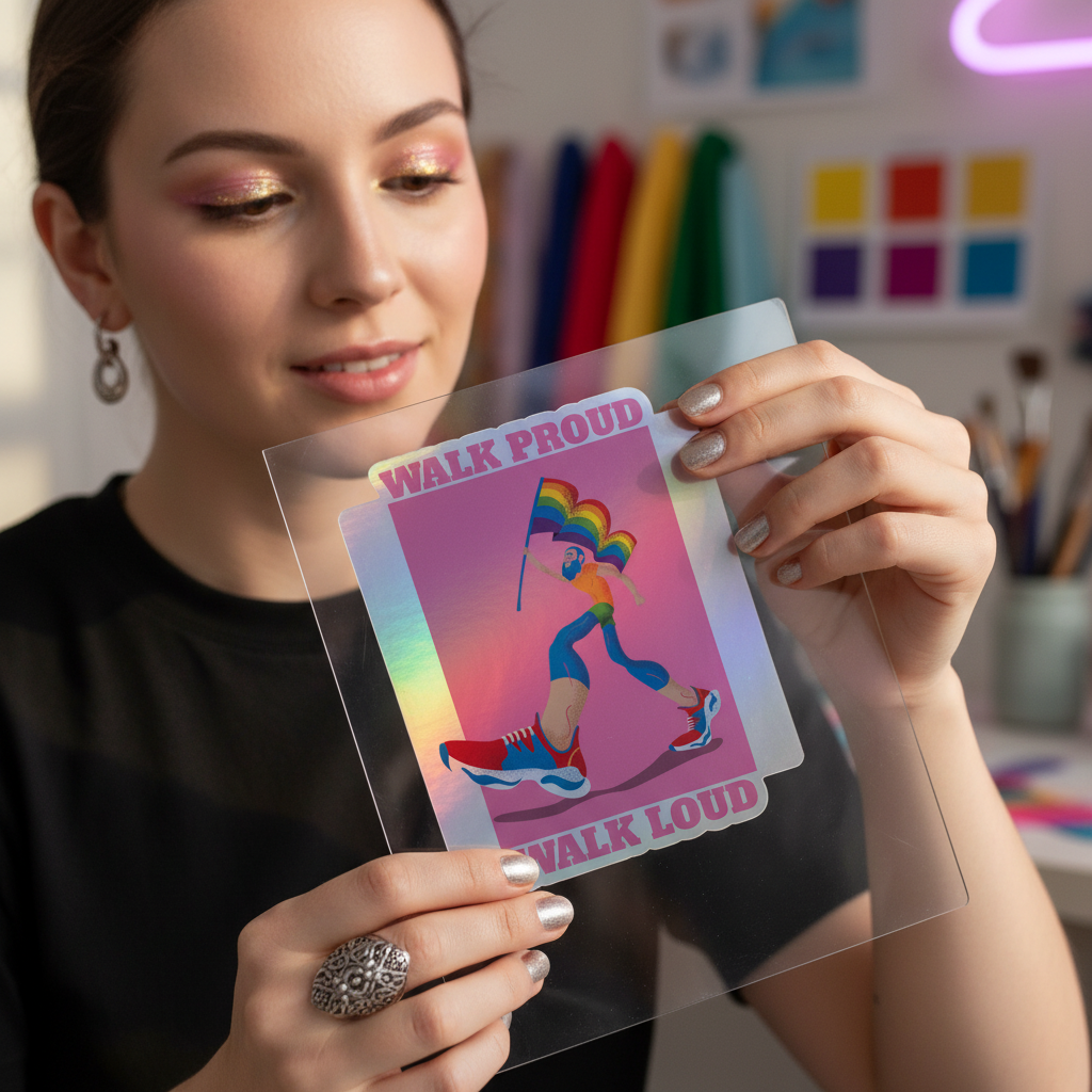 Holographic "Walk Proud Walk Loud" sticker showing a queer person in blue with sneakers, rainbow flag; vinyl decals behind.