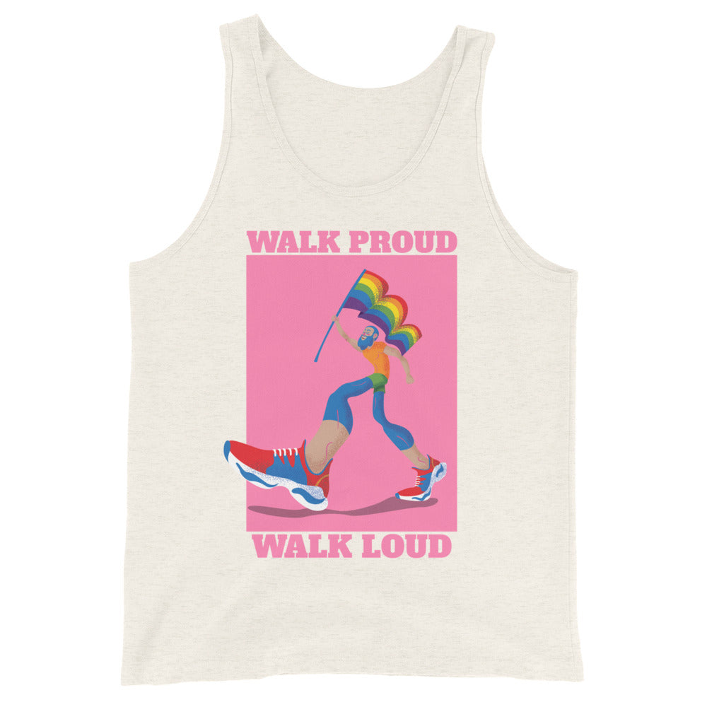 Cream tank top with pink “WALK PROUD WALK LOUD” graphic and rainbow-flag runner