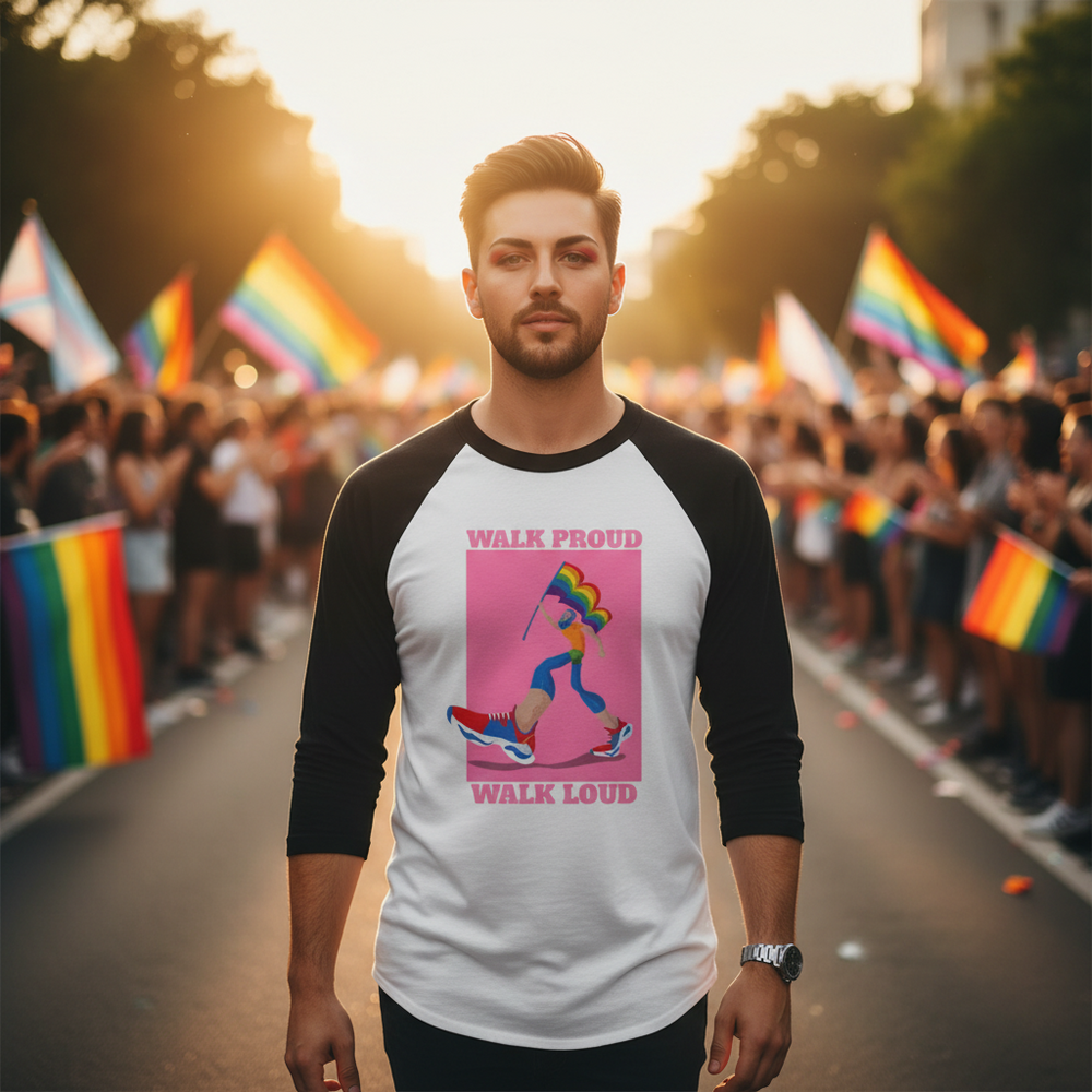 Person wearing a white-and-black raglan shirt reading “WALK PROUD WALK LOUD” at a Pride parade