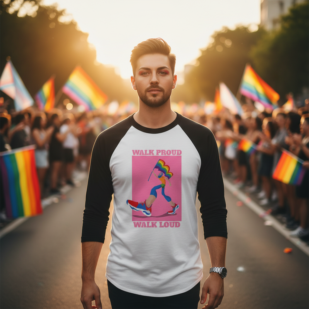 Person wearing a white-and-black raglan shirt reading “WALK PROUD WALK LOUD” at a Pride parade