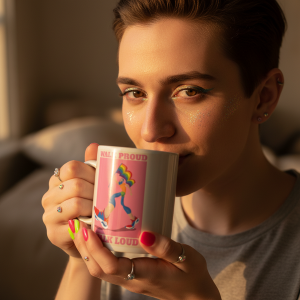 Person sipping from a pink Walk Proud Walk Loud mug with a rainbow figure