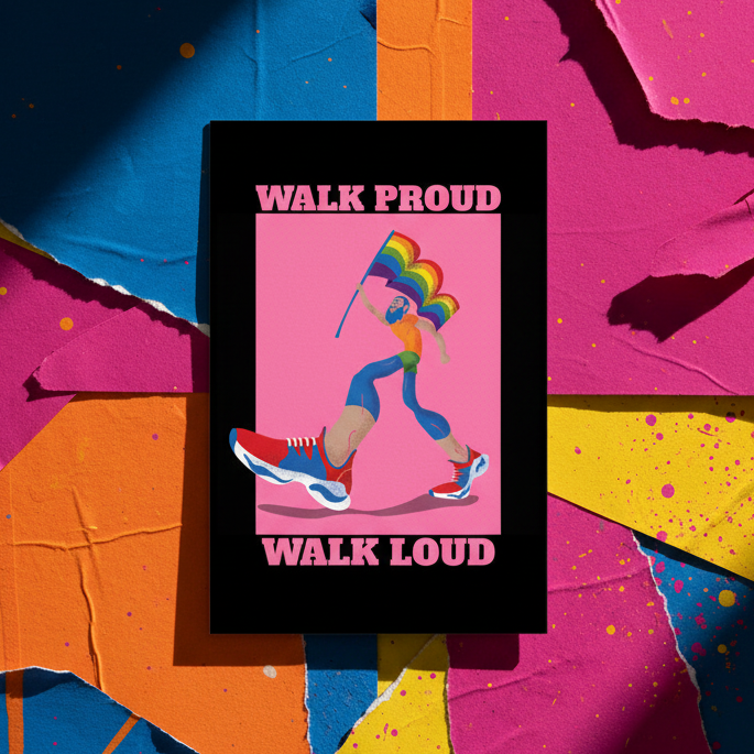 Walk Proud Walk Loud Postcard shows a person striding with a rainbow Pride flag on a bold, vibrant abstract background