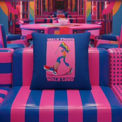 A bold pink and blue striped room, with a matching armchair and “Walk Proud Walk Loud” pillow, rainbow accents, pink tables