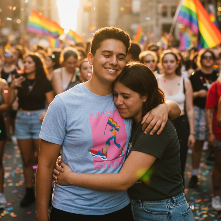 Walk Proud Walk Loud T-shirts on two smiling folks hugging at a pride parade, with rainbow flags, confetti