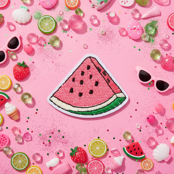 Watermelon Iron On Embroidered Patch on a bright pink background, with plastic fruit slices, strawberries, beads, charms