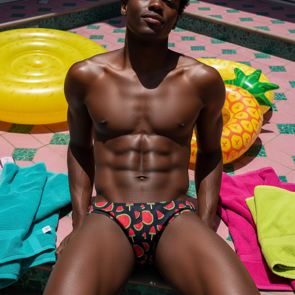 Black watermelon-print swim briefs worn poolside by a seated model
