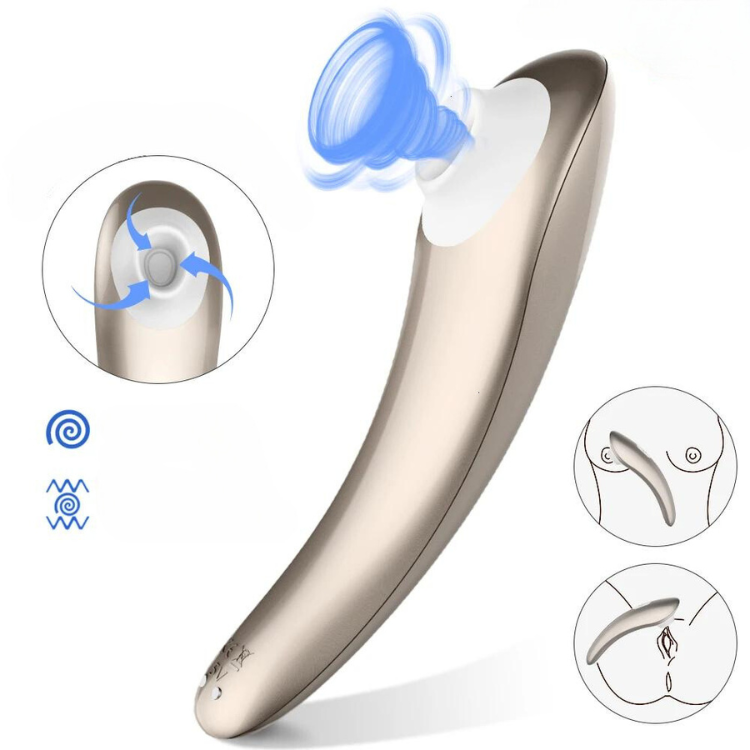 Curved beige clitoral suction vibrator shown diagonally with blue suction and vibration icons