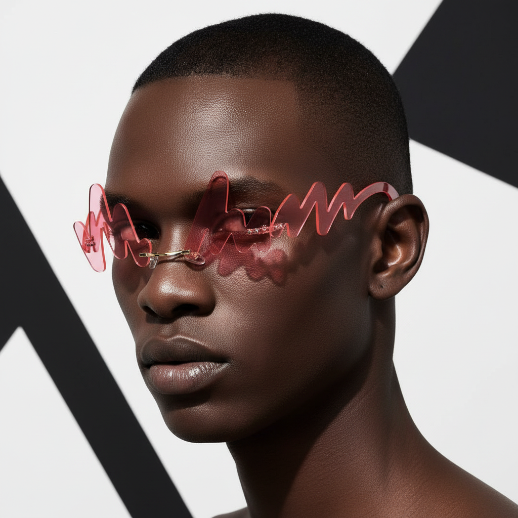 A person with dark skin, short hair, and a neutral gaze wears pink Wave Punk Sunglasses with zigzag edges