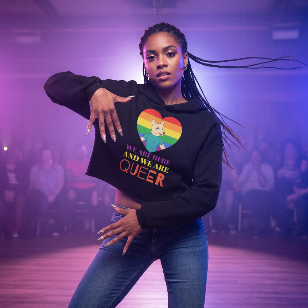 We Are Here And We Are Queer crop hoodie with rainbow heart and cat graphic, vogued by a braided queer under stage lights.