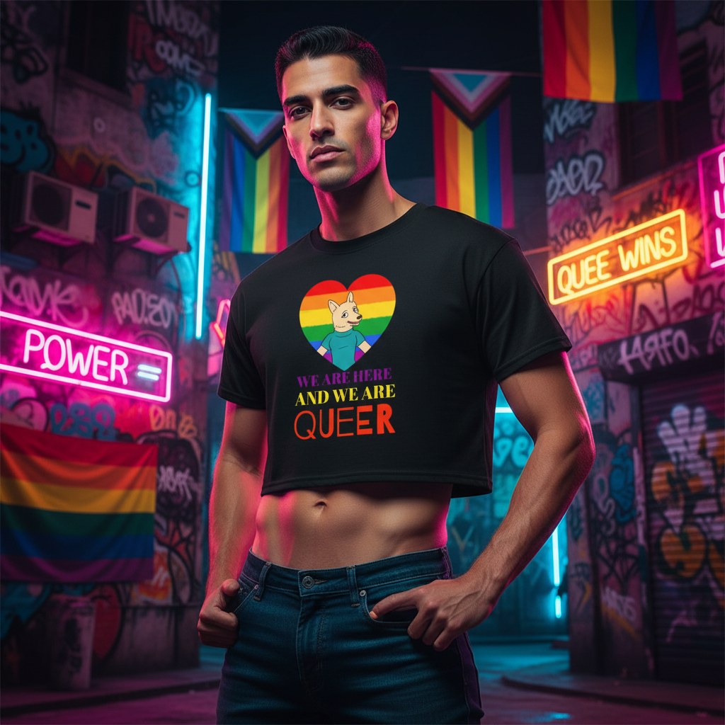 Crop top reading "We Are Here And We Are Queer" with rainbow heart and cat, worn by person in pride-flag alley