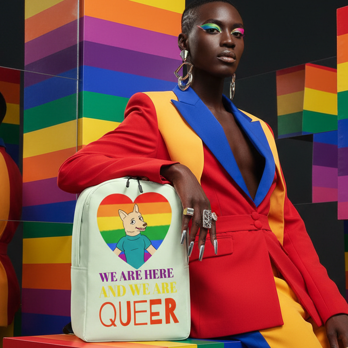 Mint backpack with rainbow heart, cartoon animal, and “WE ARE HERE AND WE ARE QUEER” text, held by a model
