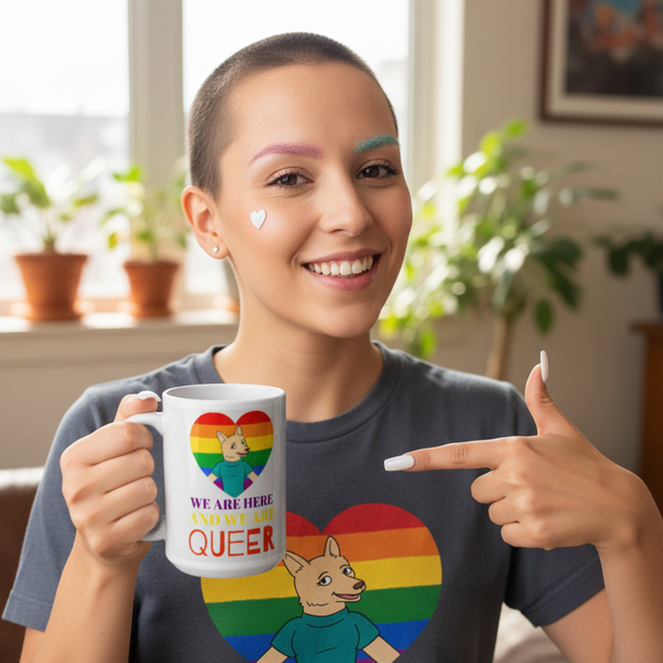 Smiling person holds a mug reading “WE ARE HERE AND WE ARE QUEER” with a rainbow-heart dog graphic