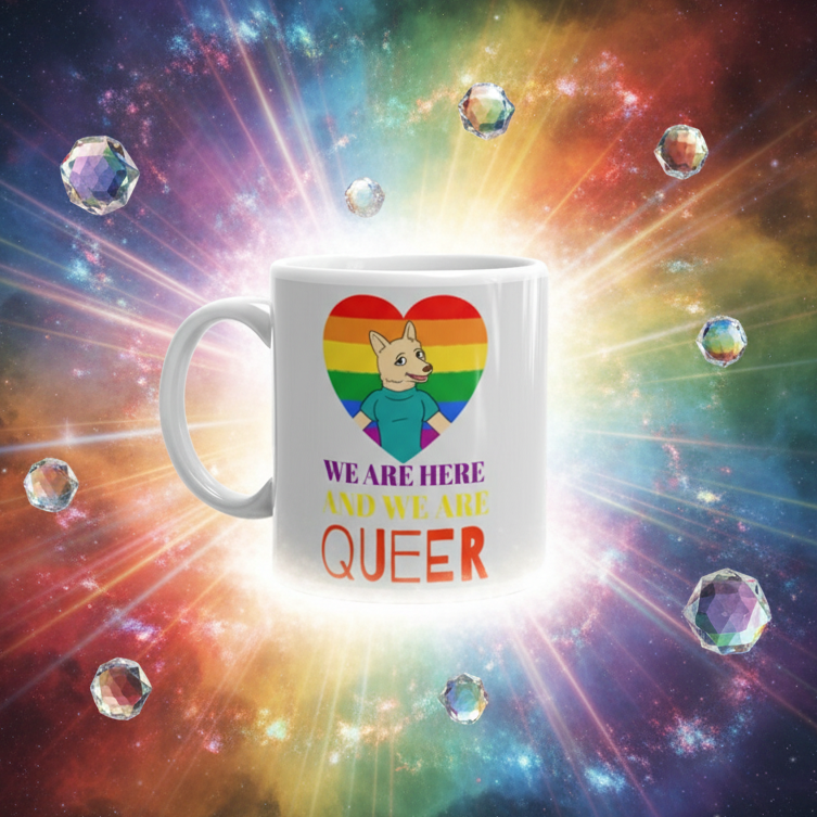 White mug with a cartoon dog in a rainbow heart and the words “WE ARE HERE AND WE ARE QUEER”