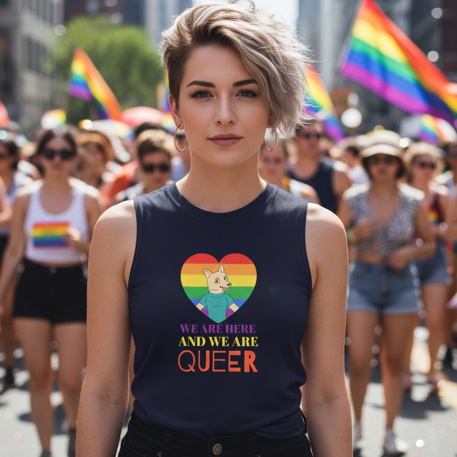 Navy unisex muscle tank reads “We Are Here And We Are Queer” with rainbow heart and cartoon cat