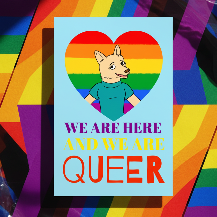 Postcard with a cartoon dog in a turquoise shirt inside a rainbow heart, pale blue backdrop