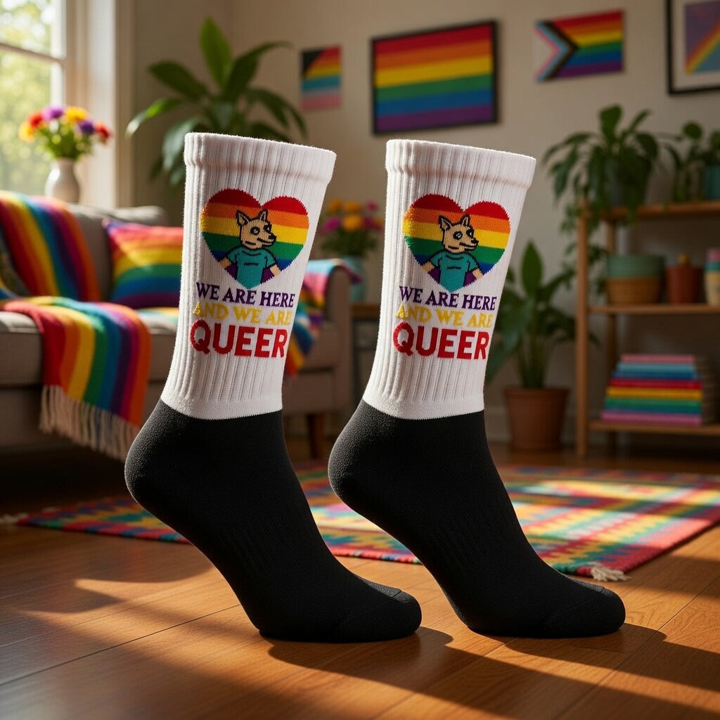 We Are Here And We Are Queer socks, rocking a rainbow heart and dog graphic