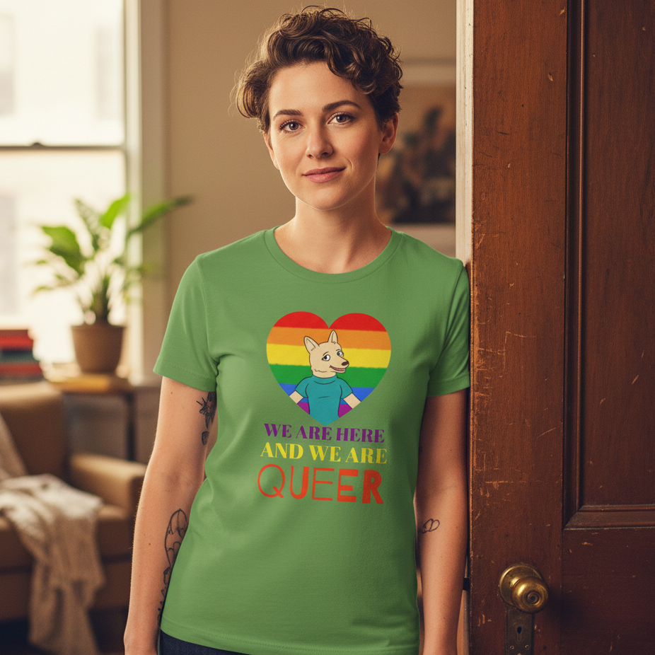 We Are Here And We Are Queer T-shirt featuring a cartoon cat and rainbow-striped heart, worn by a smiling person indoors
