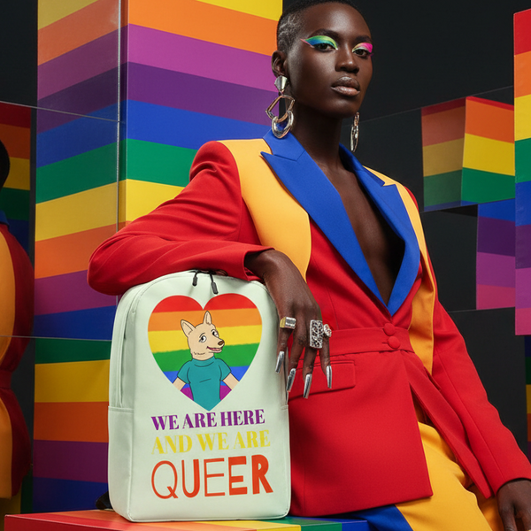 Mint backpack with rainbow heart, cartoon animal, and “WE ARE HERE AND WE ARE QUEER” text, held by a model