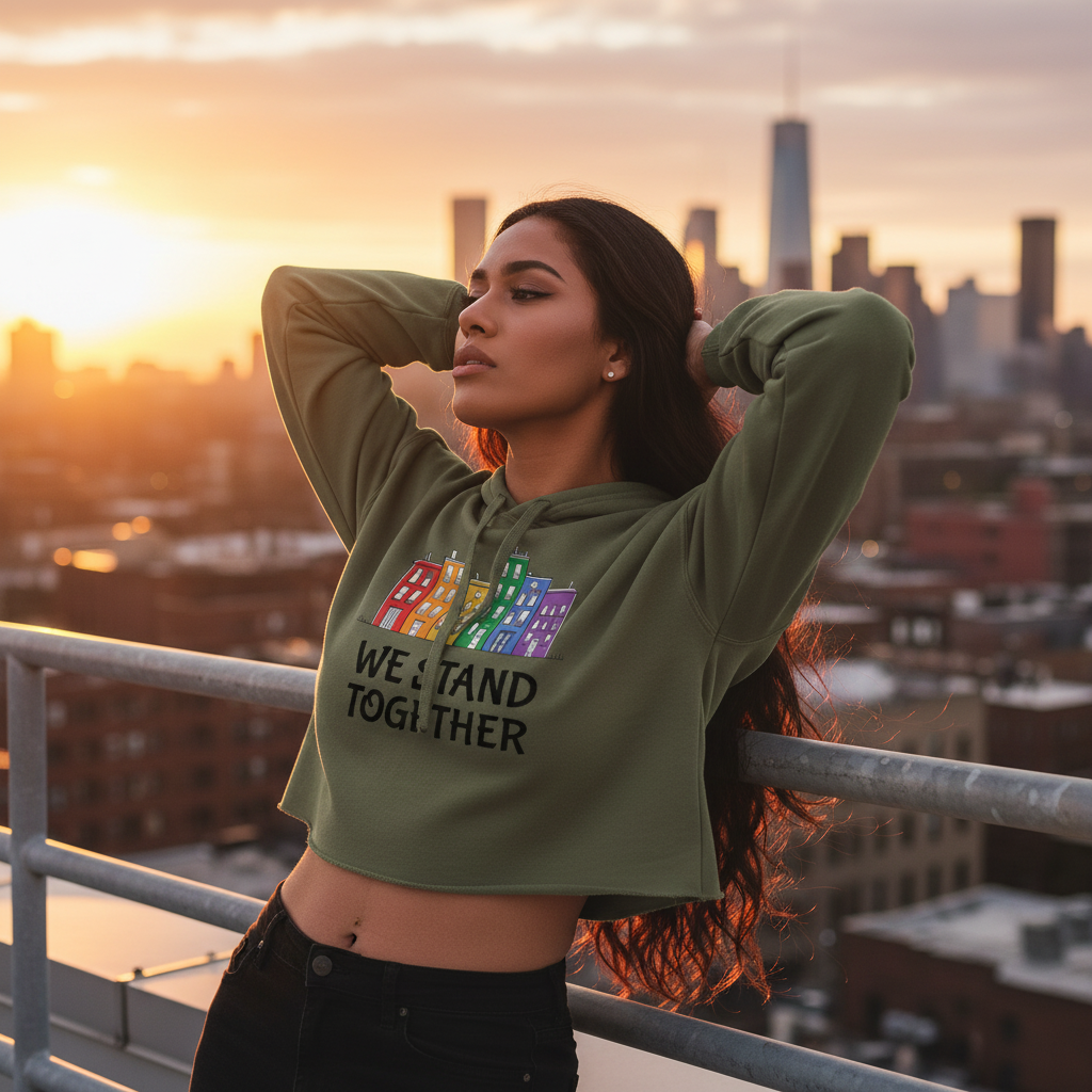 We Stand Together crop hoodie with bold "We Stand Together" text and vibrant pride-themed buildings