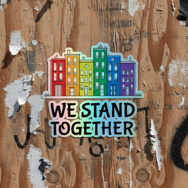 Holographic sticker with five rainbow-colored row houses, weathered wood background