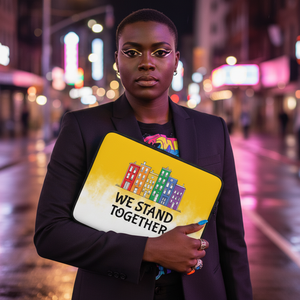 We Stand Together Laptop Sleeve held by a short-haired, bold-makeup person; neon-lit cityscape, colorful buildings