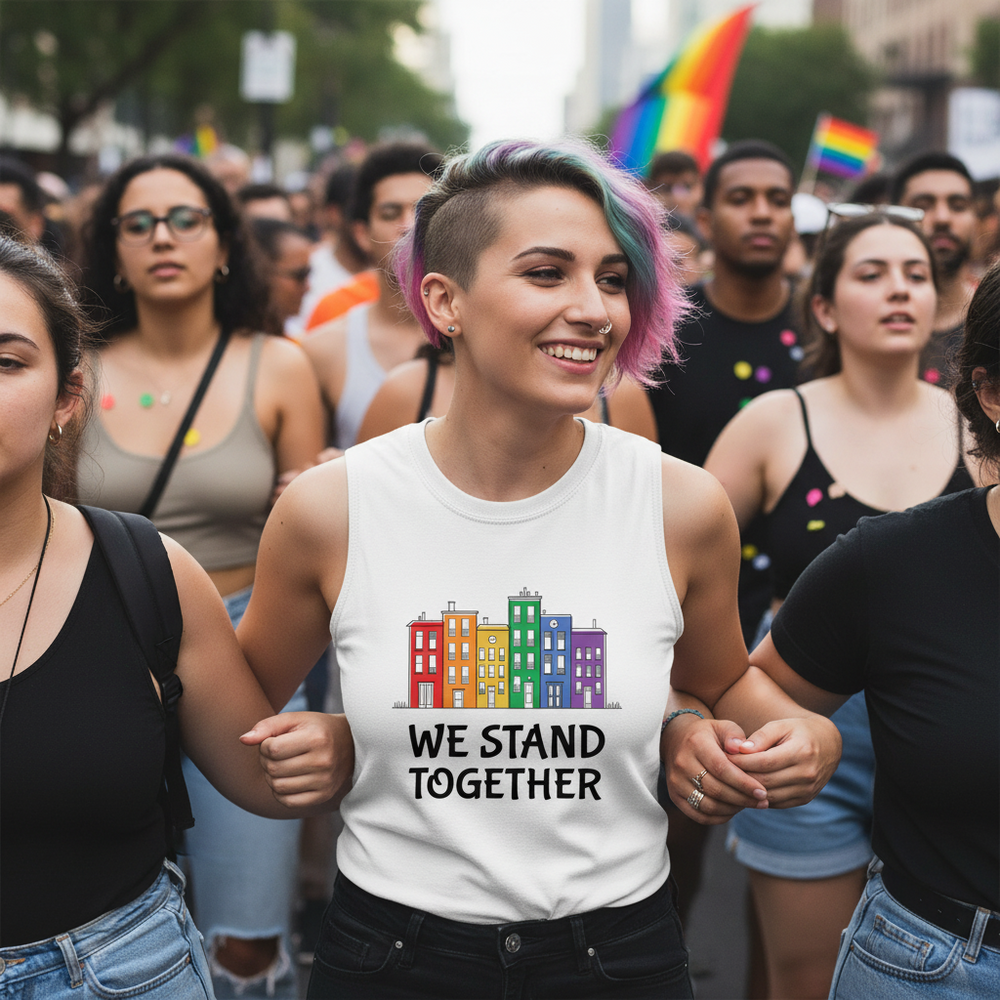 We Stand Together Muscle Top with illustrated rainbow buildings, worn by a person at Pride, rainbow flags waving behind