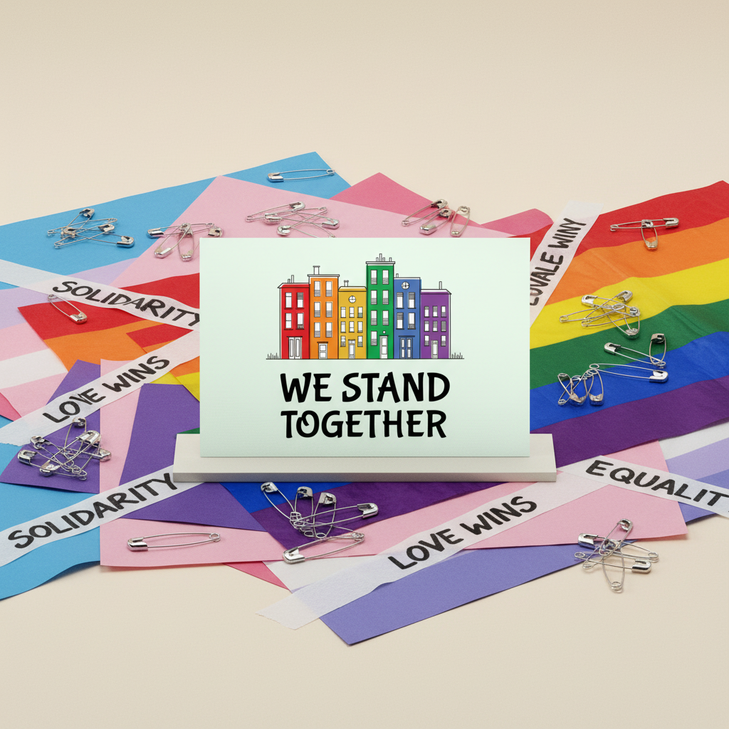 We Stand Together Postcard with rainbow building art, "WE STAND TOGETHER" text, and pride flags saying SOLIDARITY, LOVE WINS