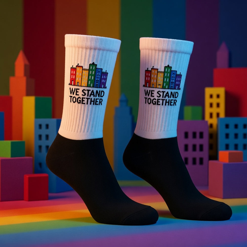 Crew socks with solid black feet, shown against a vibrant cityscape of rainbow buildings