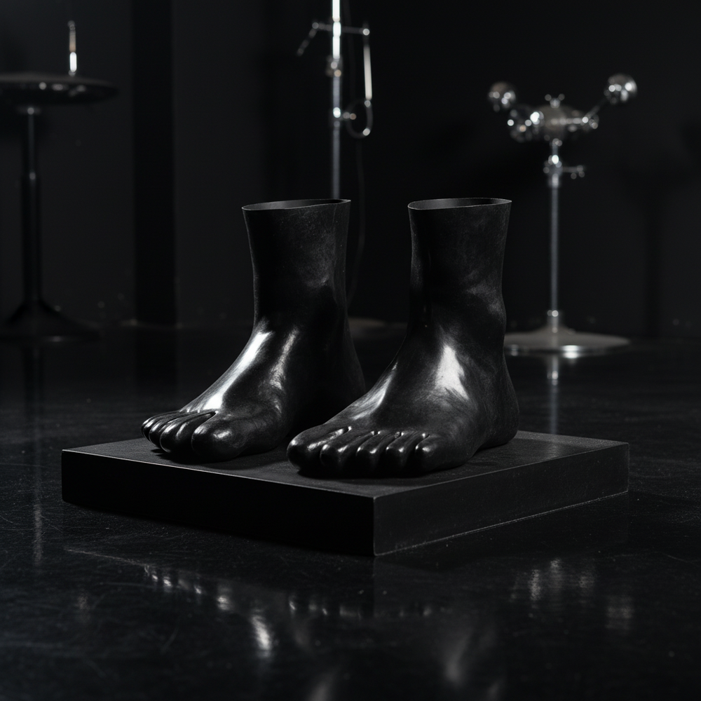 Wetlook Fetish Socks—large, black, hyper-realistic sculpted feet on a black platform in a moody room with edgy metallic gear.