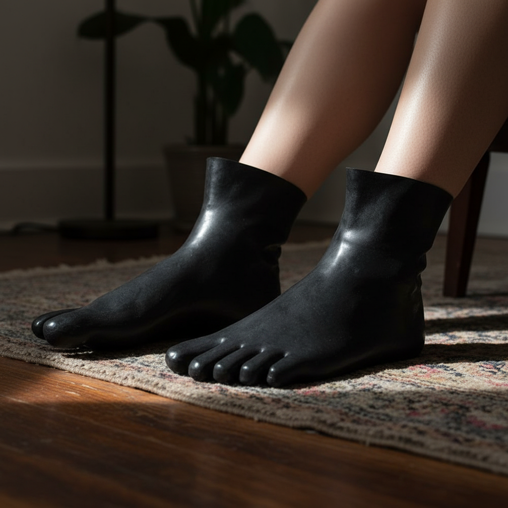 Close-up of black glossy wet-look toe socks worn on feet over a patterned rug