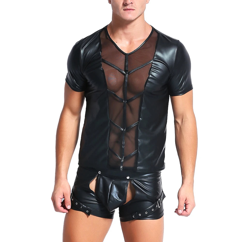 Front view of a person wearing a black wet-look shirt with a sheer mesh torso and faux-leather sleeves