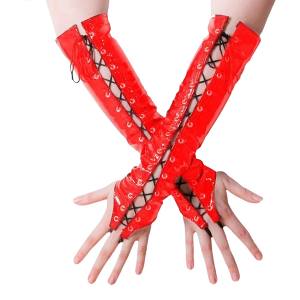 Crossed hands wearing glossy red lace-up gloves extending to the elbows