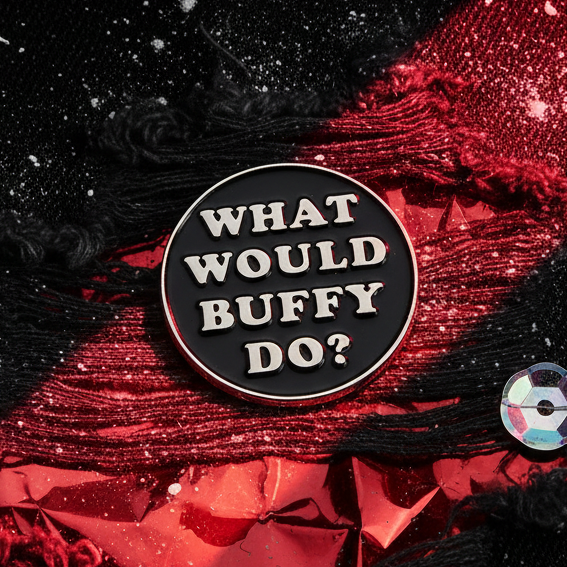 Round black enamel pin reading “WHAT WOULD BUFFY DO?” on red and black fabric