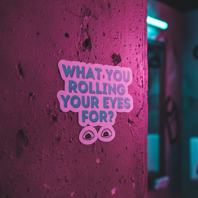 Bubble-Free Sticker reads "What You Rolling Your Eyes For?" in bold white and blue on pink-lit concrete