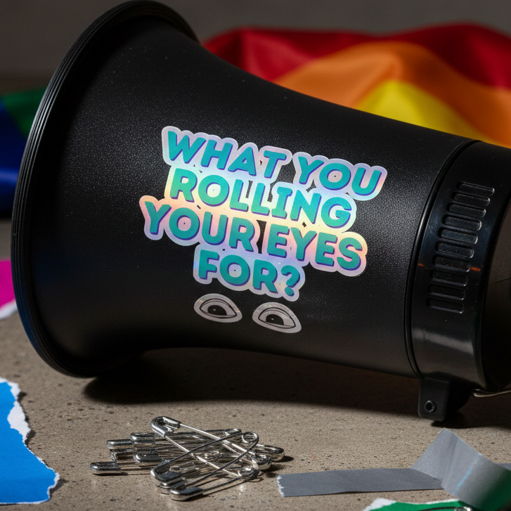 Black megaphone with “WHAT YOU ROLLING YOUR EYES FOR?” and cartoon eyes among protest flags, torn paper, tape